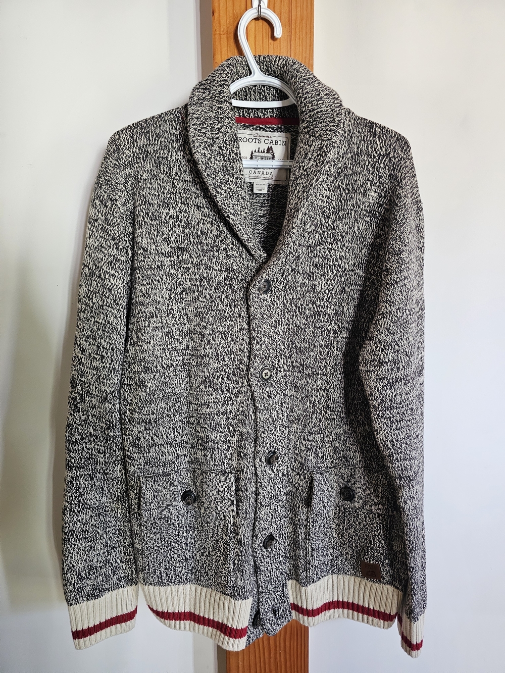 Roots Men's Marled Black and Cream Shawl Collar Cardigan with Stripe Detail